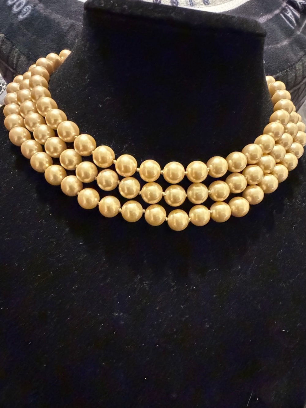 Vintage Monet Cream Pearls Triple Strand Knotted Beaded Choker Necklace